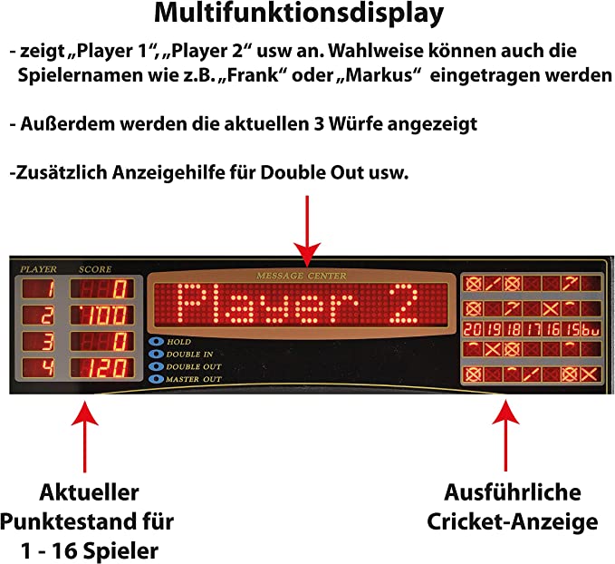 Dartona Elektronische Dartscheibe JX2000 Turnier Pro - Multifunktionsdisplay - Dartscheiben-Testsieger.de